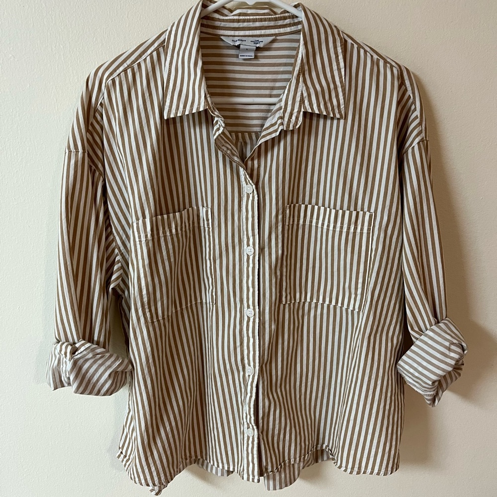 Old Navy tan & white striped boyfriend shirt, size M